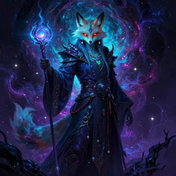 a stylized realistic blacklight painting of an avatar of an awesome powerful cosmic horror foxfolk mage themed around death and nebulas, in the style of dnd beyond avatar portraits, beautiful, artistic, elegant, lens flare, magical, lens flare, nature, realism, stylized, art by jeff easley