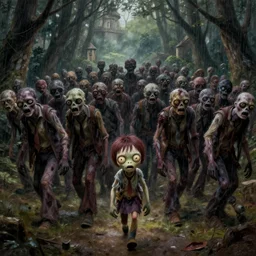 really cute zombie with anime eyes walking in a massive walker horde from the walking dead, massive scale zombie horde walking in a medieval forest, dark and moody, high detailed trees, renaissance forest, Impressionism oil painting, with high quality film grain, raining cinematic style, film grain + dust and scratches