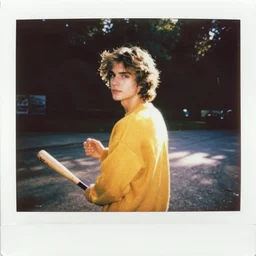 instax polaroid film photo of an attractive young man with messy medium length light brown hair and a yellow sweater walking away from the camera with a baseball bat, zoomed out, warm, nostalgia, faded glow, expired film analog photography, grainy texturized dusty, saturated colorized
