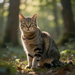 cat in a forest, by wayne mcloughlin, trending on artstation, backlighting, sunlight