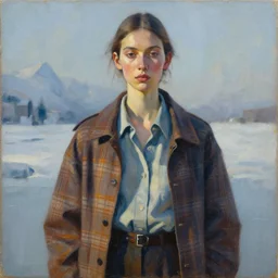 portrait in daring femininity, ethnic, realistic face sculpted features, thin and statuesque model, street outfit with layered shirts, plaid, jacket with buckles, warm glow, bathed in light, chiaroscuro, specular highlights, angular impressionism, patina, arctic color scheme, icy tones, modern fashion, contemporary art, oil on canvas