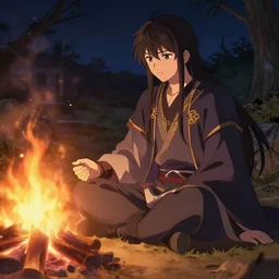 Link the hero of time sits near the fire, night, detailed, beautiful, anime style