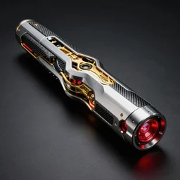 futuristic weapon made of brushed metal, chrome and carbon, intricate gold linings, red leds