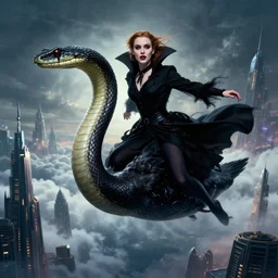 hyperrealistic portrait of amber heard as a vampire witch in a black coat flying on the back of a gigantic anaconda snake as a dark swan above the clouds among the tips of sci - fi skyscrapers. by jeremy mann and alphonse mucha, fantasy art, photo realistic, dynamic lighting, artstation, poster, volumetric lighting, very detailed faces, 4 k, award winning