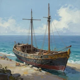 peinture digitale d'une carcasse de bateau, dans un port mysterieux, avec l'ocean qui s'etire au loin, concept art