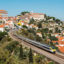 majestic landscape where you can see a fast train headed to lisbon