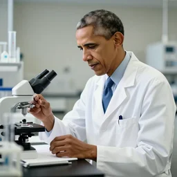 Barack Obama wearing a lab coat, doing experiments in a laboratory, brightly lit