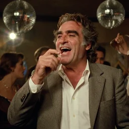 the medium shot of grinning old drunkard ( ( ( ( ( joaquin phoenix ) ) ) ) ) with sideburns worn in old grey jacket and a white shirt sings song in vintage disco bar, still frame from movie with cinematography of christopher doyle and art direction by hans giger, anamorphic lens, vintage film, optical flares, award winning photo, 8 k