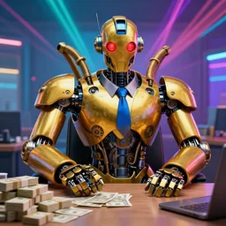 portrait photo of a huge golden and blue metal humanoid steampunk robot businessman with gears and tubes, robot is sitting in an office, on the table is a pile dollarbudles, eyes are glowing red lightbulbs, shiny crisp finish, 3 d render, 8 k, insaneley detailed, fluorescent colors, background is multicolored lasershow