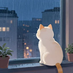 cat looking outside a window, rainy city at night, illustration