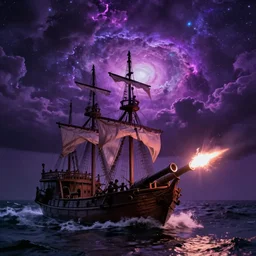 purple color lighting storm with stormy sea, pirate ship firing its cannons trippy nebula sky with dramatic clouds 50mm shot fear and loathing movie
