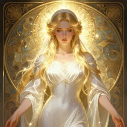 a digital concept art by artgerm and greg rutkowski and alphonse mucha. clear portrait of a young wife blessed by god to uncontrollably become overwhelmingly perfect!! blonde, clothed, holy body!! light effect. hyper detailed, character concept, glowing lights!! intricate, elegant, digital painting, artstation, smooth, sharp focus