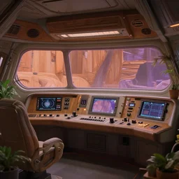 Film still of the bridge of a space ship, large viewscreens, control panels, wood effect, wood panels, pot plants, organic, high end interior, soft orange and purple highlights, neutral light, soft edges, calm feeling, Cinestill colour cinematography, anamorphic, detailed, 4k, 8k, intricate, digital art, matte painting