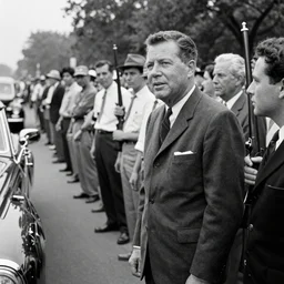 crowd of people with guns stand at the roadside watching jfk motorcade, photo, filmic, 1960s, black and white