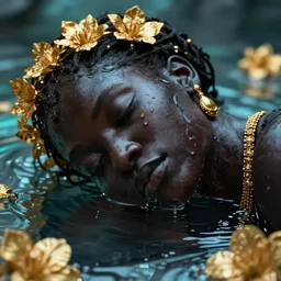 hyperrealistic precisionist cinematic profile very expressive! black oshun goddess, sleeping in water!, mirror dripping droplet!, gold flowers, highly detailed face, digital art masterpiece, smooth eric zener cam de leon, dramatic pearlescent turquoise light on one side, low angle uhd 8 k, shallow depth of field