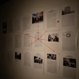 a wall with papers and photos. conspiracy theory. red line connecting dots. dimmed light