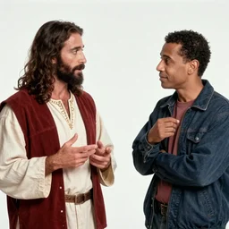 Photo still of Jesus Christ in 1990s clothing talking with a young Jerry Seinfeld, in the style of the TV show Seinfeld (1994)