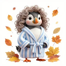 anthropomorphic puffin goddess, striped bathrobe, curly hair, surrounded by fall leaves, detailed, intricate, luminescent, elegant, coherent, by hannah yata and kay sage, detailed, artstation