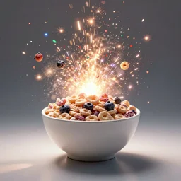 a bowl of cereal exploding in a shower of multicolored sparks