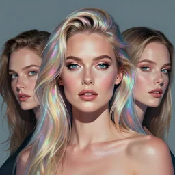 portrait of a woman inspired by lois van baarle, charlie bowater, anna dittmann, illustration, iridescent, iridescent hair, face, hair styles, light makeup, glitter, self confidence, cinematic 8 k