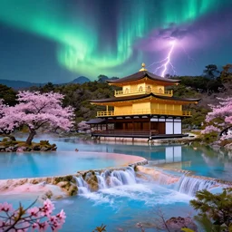 kinkaku - ji golden temple of kyoto on pamukkale thermal waters flowing down gold travertine terraces in royal blue antelope canyon during sakura season on an interstellar aurora borealis with heavy thunder and lightning, pink waterfalls, flowers, by peter mohrbacher, james jean, james gilleard, greg rutkowski, vincent di fate, rule of thirds, octane render, beautiful landscape