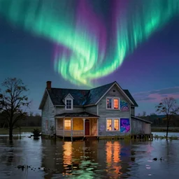 interior of a flooded old house. aurora borealis. iridescent, psychedelic colors. painting by hammershoi, balthus, mark rothko, agnes pelton, utamaro, monet