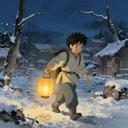 beautiful scene render of return on a snowy night, carrying a lantern, chinese ink painting style, unreal engine, global illumination, radiant light, detailed and intricate environment ， trending onstudio ghibli ， highly detailed, octane render, 8 k