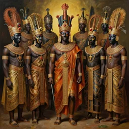 highly detailed painting of the oba of benin surrounded by masquerades, fantasy, 8 k, realistic, symmetrical, digital illustration, in the style of kehinde wiley, artem demura