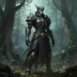 high depth, published concept art, dragon age origins bioware morigan standing tall in forest with soft lighting