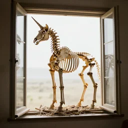 Unicorn fossil Skeleton Standing nest to an open window, 4K, award winning