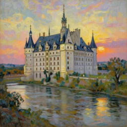 trending on artstation, a beautiful German castle next to a river during sunset, oil on canvas, in the style of Vincent van Gogh