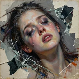 weeping languid extasy detailed mixed media collage with canvas texture in style of contemporary art, punk art, realistic beautiful face, photorealism, expressionism, masterpiece, perfect composition, spectacular quality, intricate oil details, broken glass photo, torn paper intricate texture