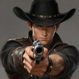 a highly detailed illustration of korean man as cowboy wearing black cowboy hat, dramatic wielding gun pose, perfect face, intricate, elegant, highly detailed, centered, digital painting, artstation, concept art, smooth, sharp focus, league of legends concept art, wlop