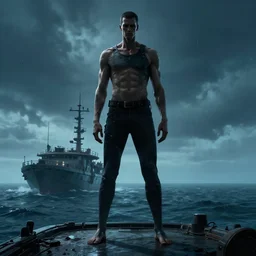 a tall man, unsettling presence, disturbing physique, cyberpunk, boat on ocean