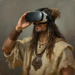 Neolithic shaman, wearing playing Virtual Reality, prehistoric, beautiful painting, character concept art portrait, matte fantasy painting, DeviantArt Artstation, by Jason Felix by Steve Argyle by Tyler Jacobson by Peter Mohrbacher, cinema