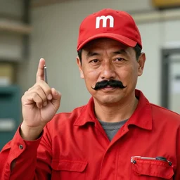 an plumber wearing a red outfit and having a moustache and a red hat saying m, cinematography, photography, highly defined features, hdr,