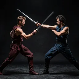 Reggie Fils-Aimé fighting Mario in a sword duel, dramatic photography, dramatic lighting, dark background