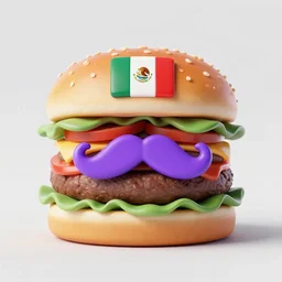 a burger with a purple mustache and a mexican flag on the bun, 3d render, high detail, 8k