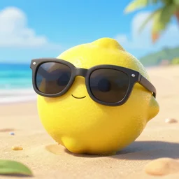 a lemon with sunglasses in the beach, pixar style, renderman