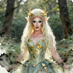 gorgeous nature fae themed drag queen. backlighting, depth of field, 4 k, ink wash and gold leaf by award - winning portrait artist
