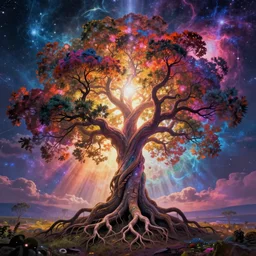 dream that our soul is just one root off a greater tree that climbs high up through the many dimensions and realities until it eventually reaches nirvana, by akaartgenerator, vibrant colors, cosmic ascendance, universal conciousness