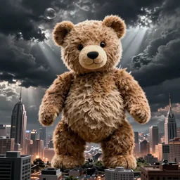 a giant teddy ruxpin as godzilla destroying a city, hyperrealistic, dramatic lighting, black clouds and lighting in the sky