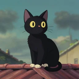 a wholesome animation key shot of a black cat seated on top of a roof with tiles, the cat is realistic, medium shot, studio ghibli, pixar and disney animation, sharp, rendered in unreal engine 5, anime key art by greg rutkowski, bloom, dramatic lighting