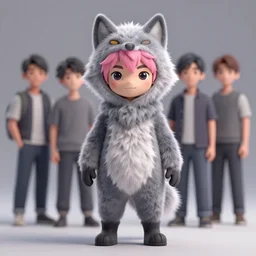 a beautiful fullbody portrait of a cute boy with pink hair wearing a wolf kigurumi. character design by cory loftis, fenghua zhong, ryohei hase, ismail inceoglu and ruan jia. artstation, volumetric light, detailed, photorealistic, rendered in octane