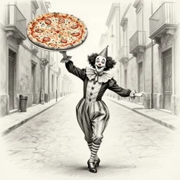 pulcinella dancing drunk through the empty street of naples waving a large pizza!!!, extremely detailed pencil sketch by silvio fiorillo, from commedia dell'arte