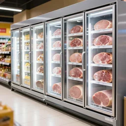 inside a supermarket, fridges with ham