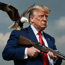 Donald Trump holds a machine gun with an eagle on his shoulder, hd, dramatic, patriotic