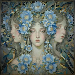 breathtaking detailed concept art painting art deco pattern of faces goddesses amalgamation light - blue flowers with anxious piercing eyes and blend of flowers and birds, by hsiao - ron cheng and john james audubon, bizarre compositions, exquisite detail, extremely moody lighting, 8 k