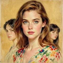 “ evan rachel wood portrait by ikenaga yasunari and ayana otake and ko rakusui, 6 0 s poster, drawing, realistic, sharp focus, japanese, dreamy, nostalgia, faded, golden hues, floral clothes, porcelain skin ”