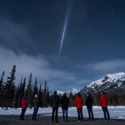 meteors raining over alaska, people looking up in wonder, realistic, photograph